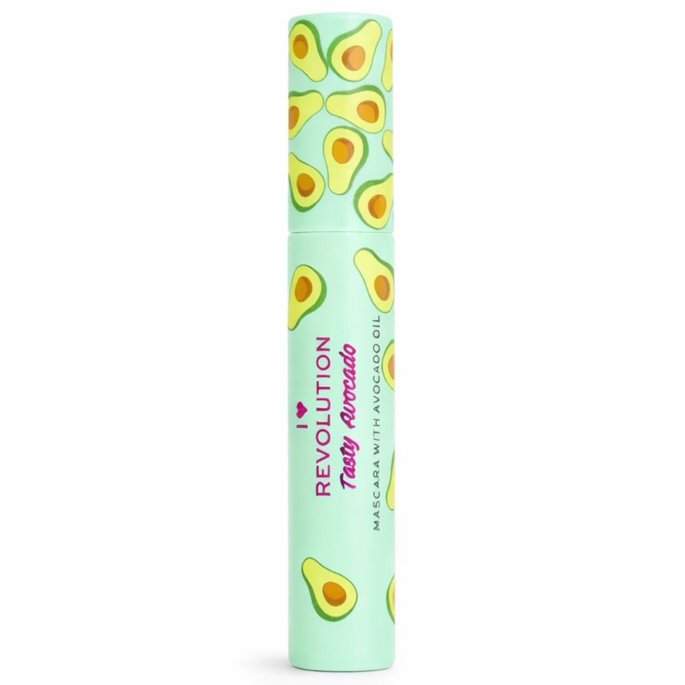 Mascara Tasty Avocado, lichtgroene tube met avocado-patroon. Tekst: Revolution, Tasty Avocado, Mascara with Avocado Oil.