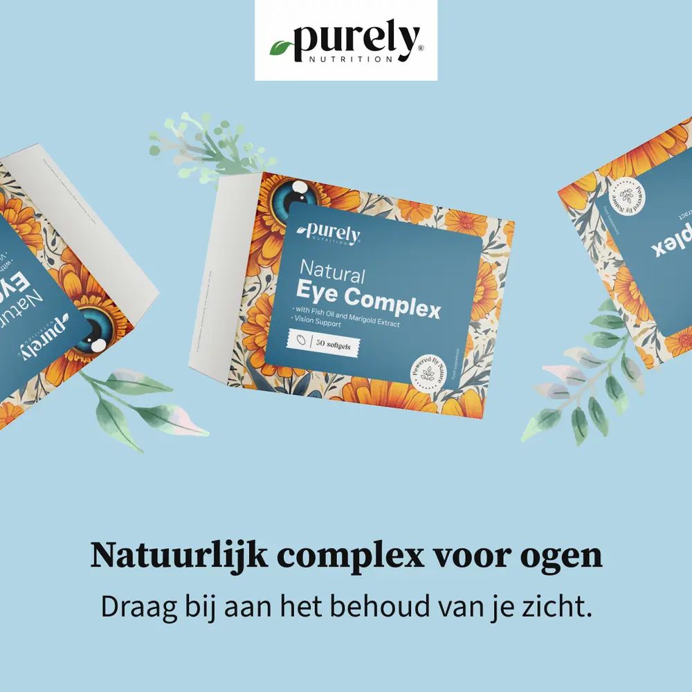 Drie verpakkingen Purely Natural Eye Complex. Tekst: Natuurlijk complex voor ogen. Blauwe achtergrond met bloemenpatroon.