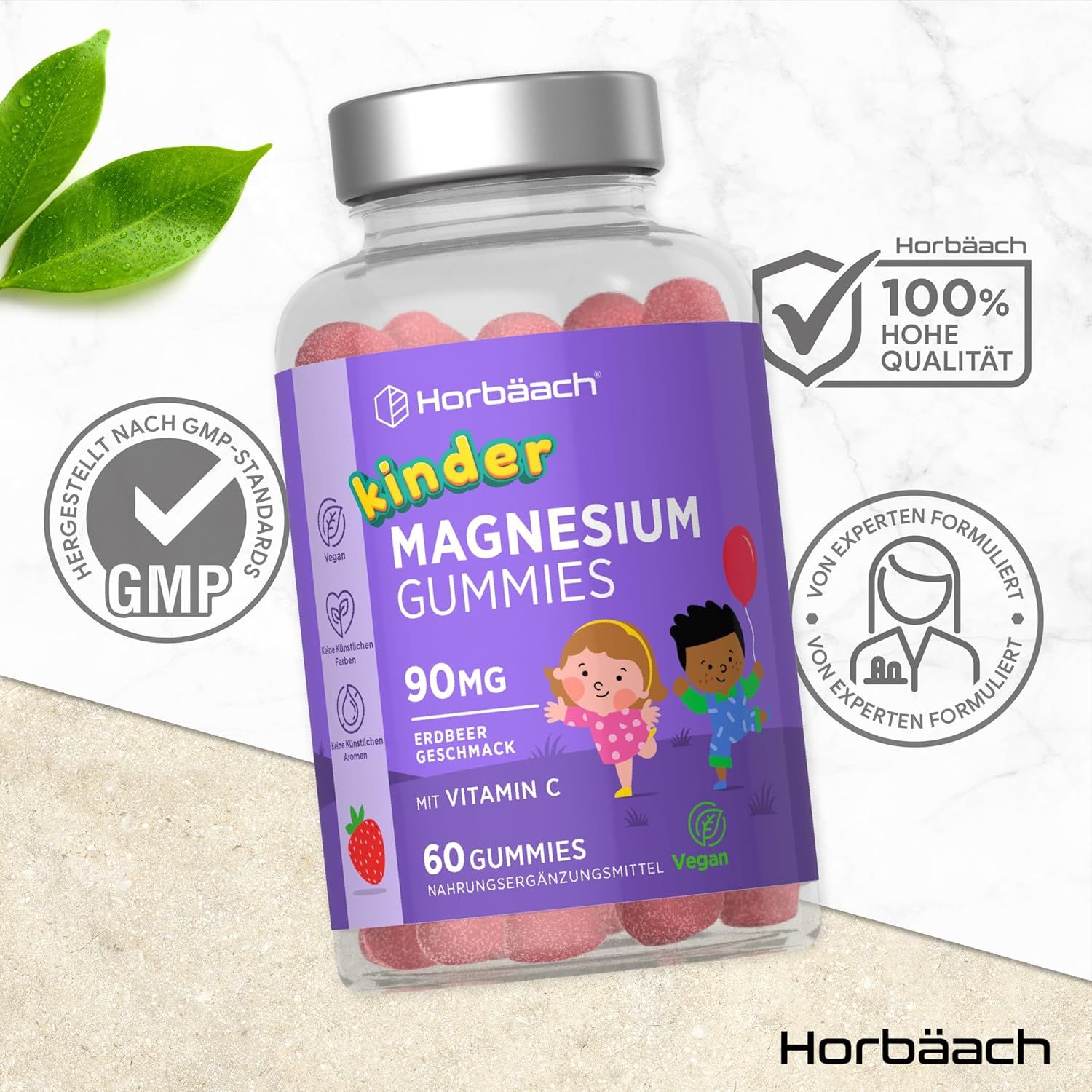Horbaach Kinder Magnesium Gummibärchen met vitamine C. Fles met 60 gummies. Aardbei smaak. Vegan. GMP-certificering.