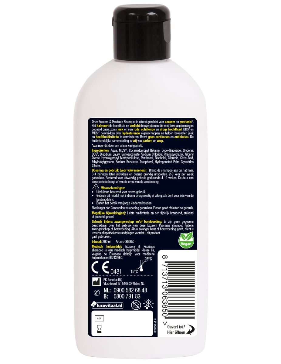 Dos d'un flacon blanc avec bouchon noir. Texte avec ingrédients et mode d'emploi. Label végétalien et marquage CE.