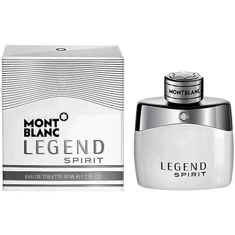 Flacon blanc et boîte. Inscription: MONTBLANC LEGEND SPIRIT. Bouchon argenté. 50ml/1.7 FL.OZ.