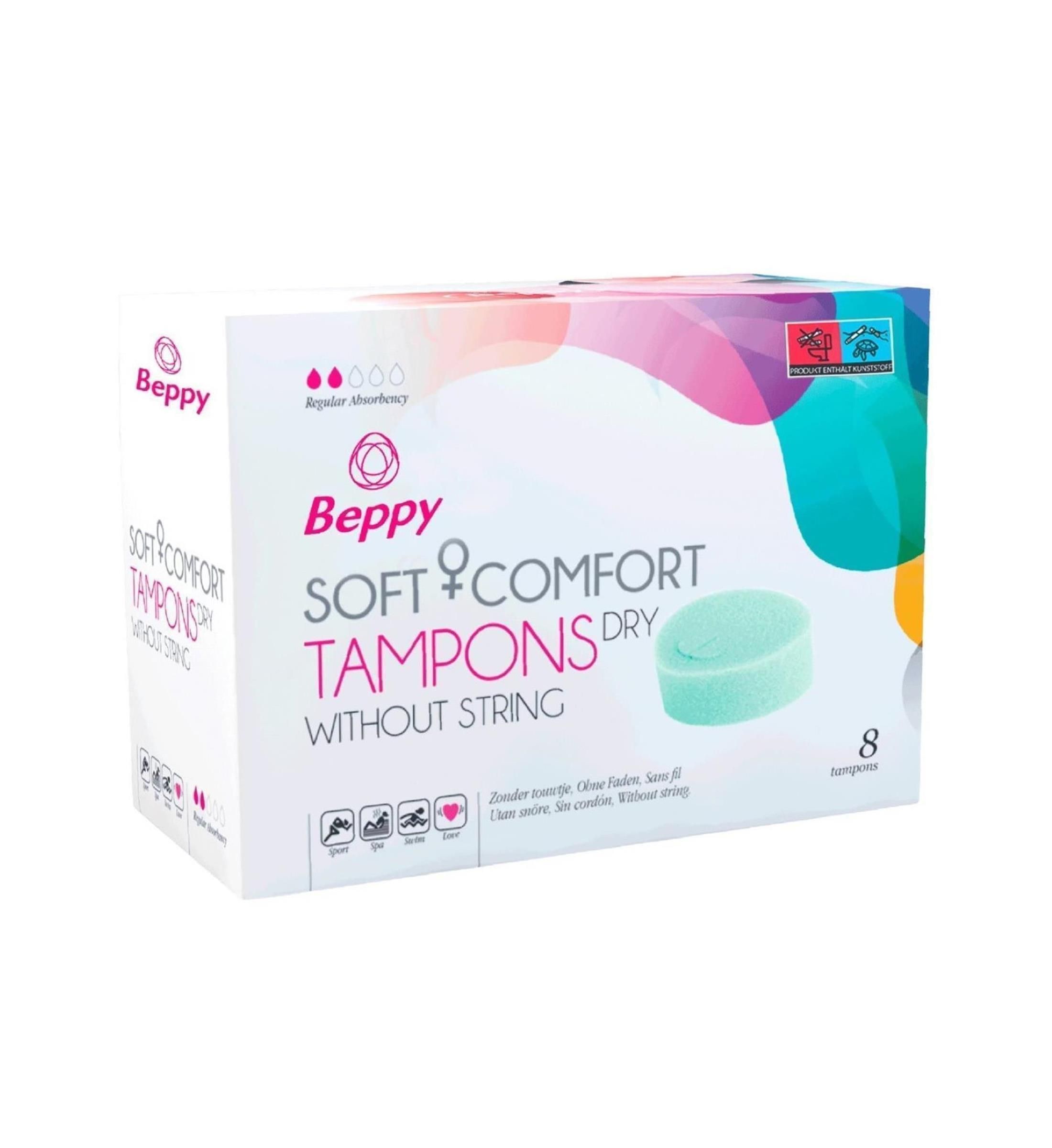 Boîte de tampons Beppy Soft + Comfort Dry sans fil. Tampon vert visible. 8 unités.