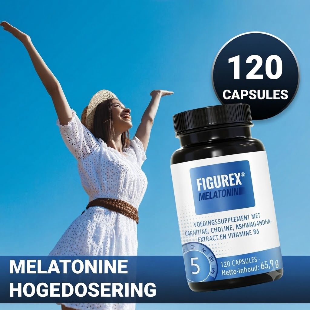 Fles met 120 Figurex Melatonine capsules. Bevat carnitine, choline, ashwagandha en vitamine B6.