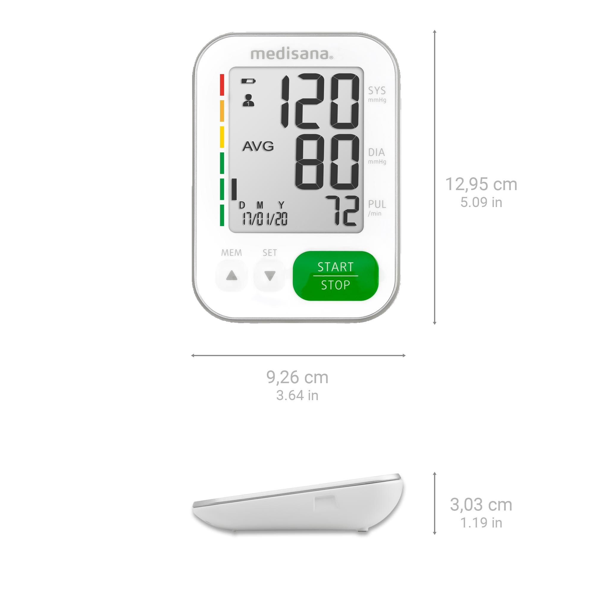 Bloeddrukmeter. Witte behuizing met digitale display. Afmetingen: 9,26 cm x 12,95 cm x 3,03 cm.
