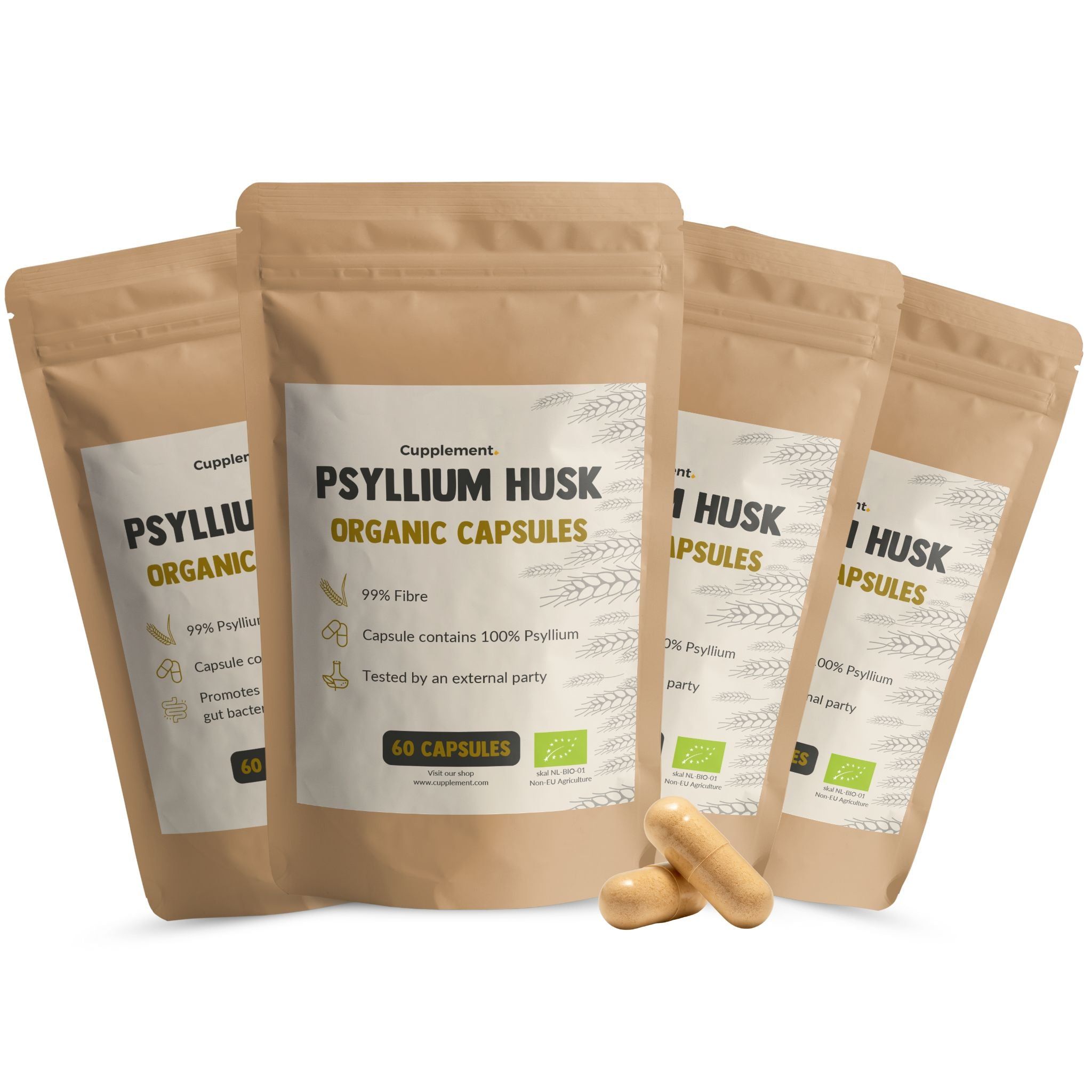 Sachets de gélules. Inscription : PSYLLIUM HUSK ORGANIC CAPSULES. 60 gélules. Avec label bio.