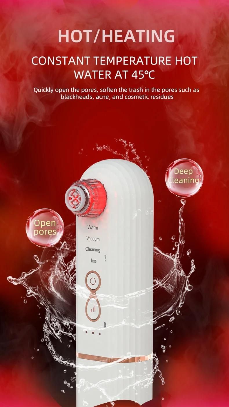 Appareil blanc avec lumière rouge. Texte : CHAUD/CHAUFFAGE, 45°C. Fonctions : ouvrir les pores, nettoyage en profondeur. Effet eau.