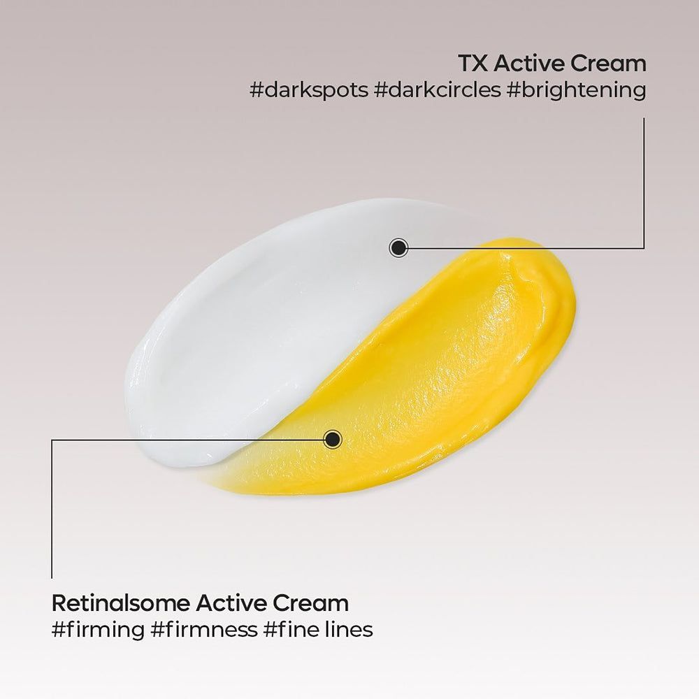 Twee crèmes, een witte en een gele, zijn naast elkaar aangebracht en gelabeld: TX Active Cream en Retinalsome Active Cream.