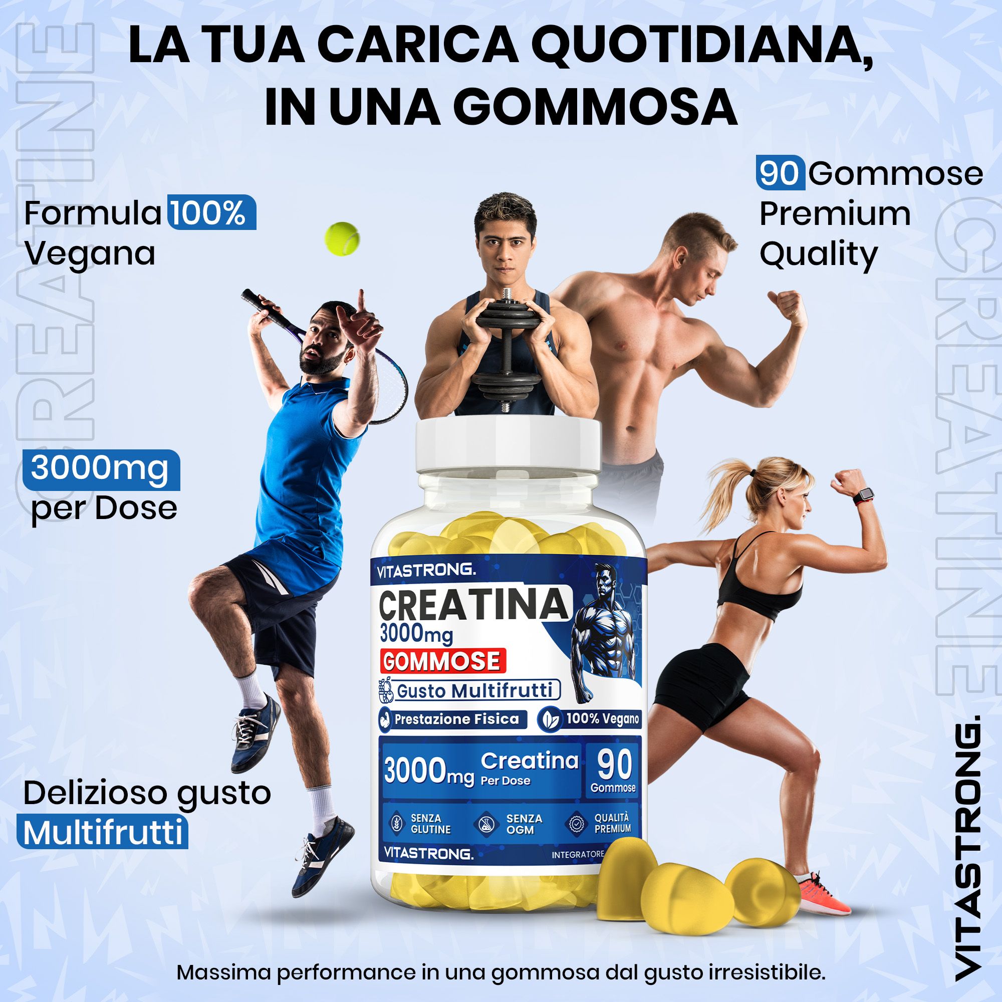 Vitastrong Creatina Gommose, 90 gommes. Vegan, 3000mg par dose. Sportifs et produit en image.