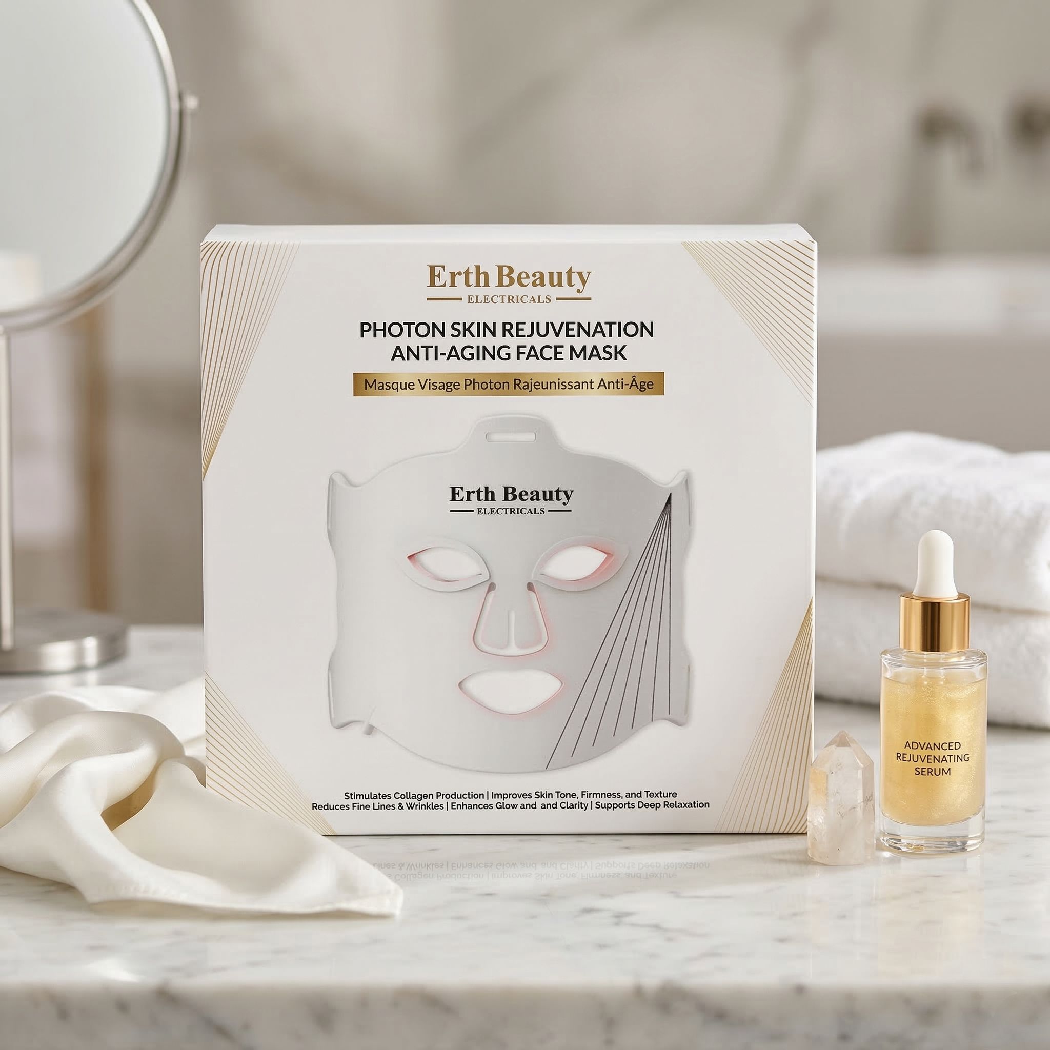 Verpakking van Erth Beauty Photon Skin Rejuvenation Anti-Aging Gezichtsmasker met serumfles en handdoeken.