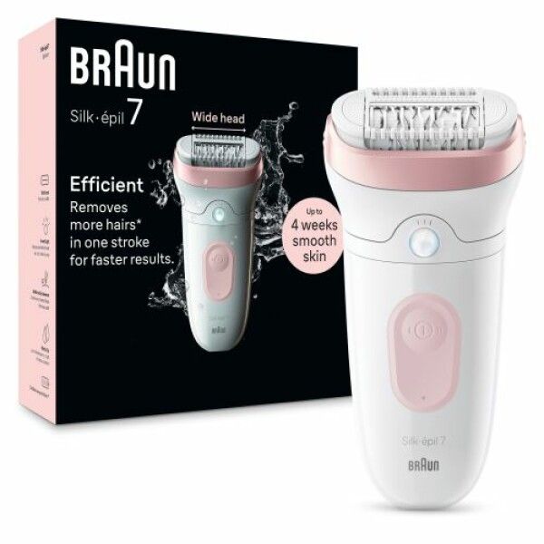 Épilateur Braun Silk-épil 7 et son emballage. "Wide head" et "Jusqu'à 4 semaines de peau lisse" sont visibles.