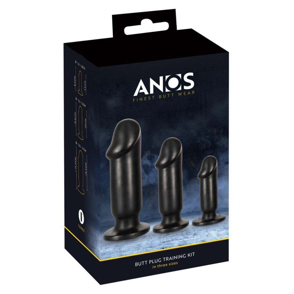 Ensemble de trois plugs anaux noirs dans une boîte. Boîte avec nom du produit et indications de taille. Inscription : ANOS, FINES BUTT WEAR.