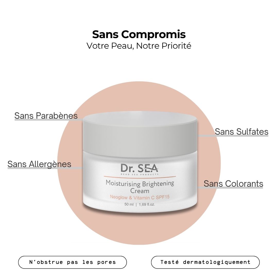 Pot de crème avec texte. Texte : Dr. SEA, Moisturising Brightening Cream, SPF15. 50 ml. Texte sur les propriétés.