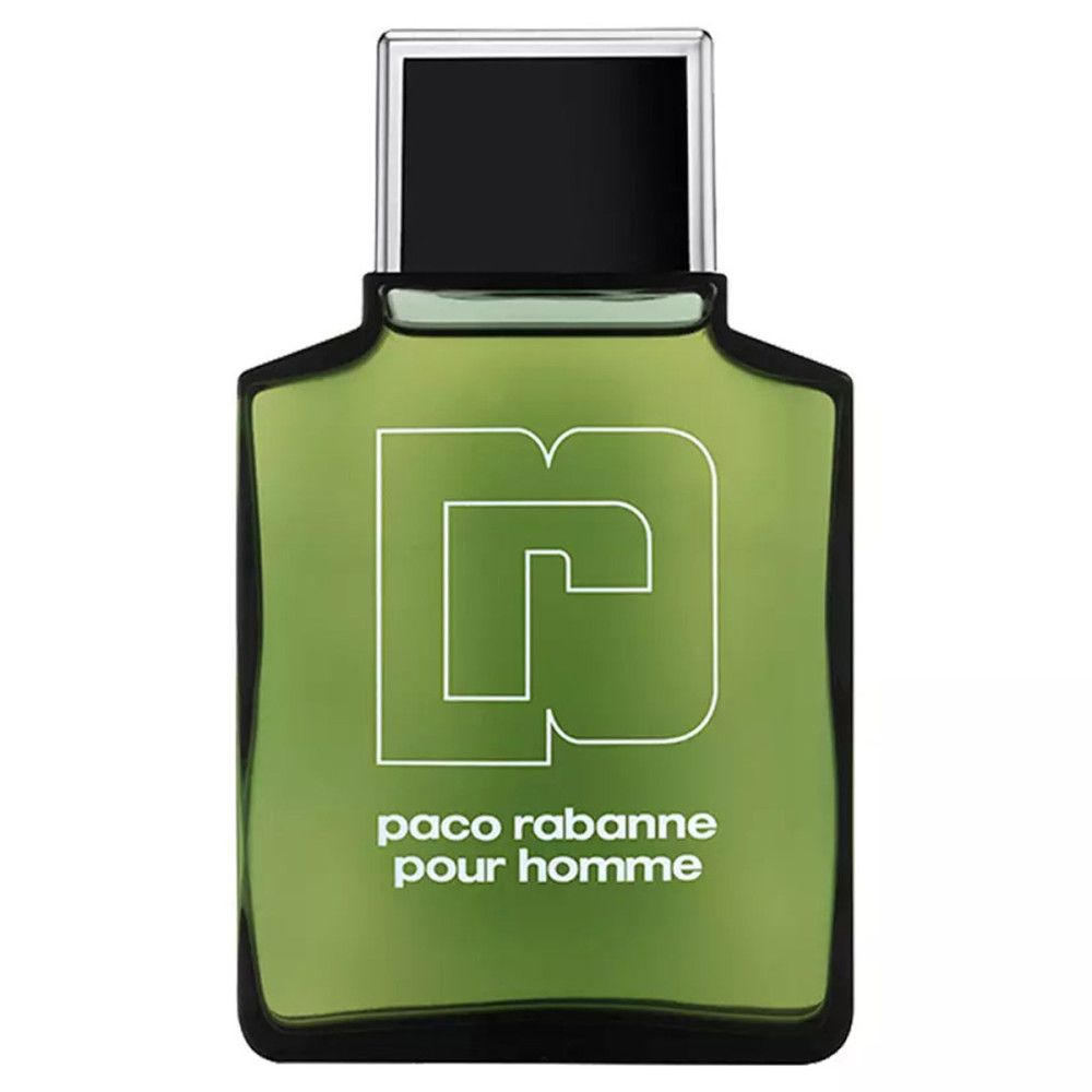 Flacon Paco Rabanne Pour Homme Eau de Toilette. Vert, angulaire, logo et texte blancs.