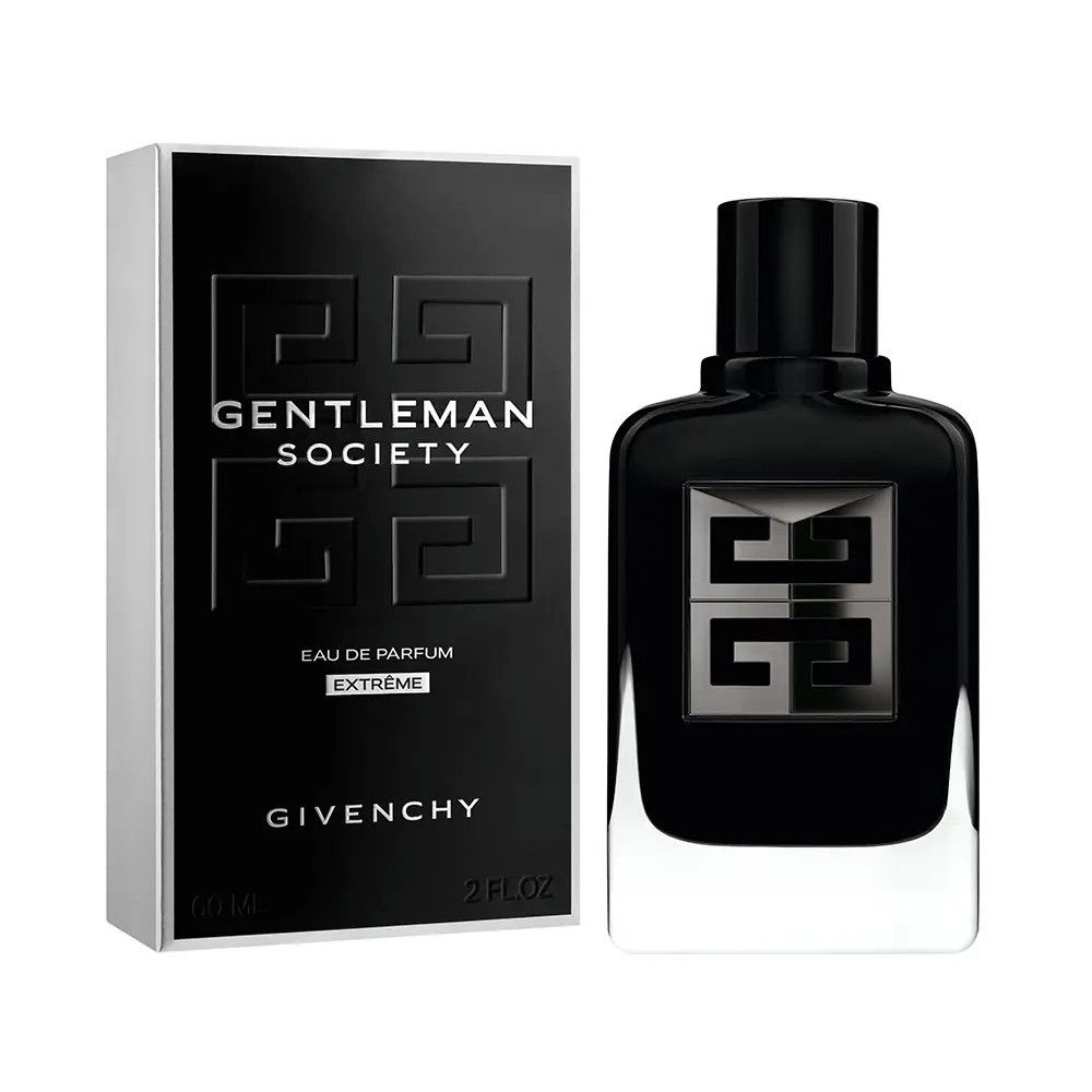 Zwarte fles en verpakking. Opschrift: GIVENCHY, GENTLEMAN SOCIETY, Eau de Parfum Extreme. 2 fl. oz.