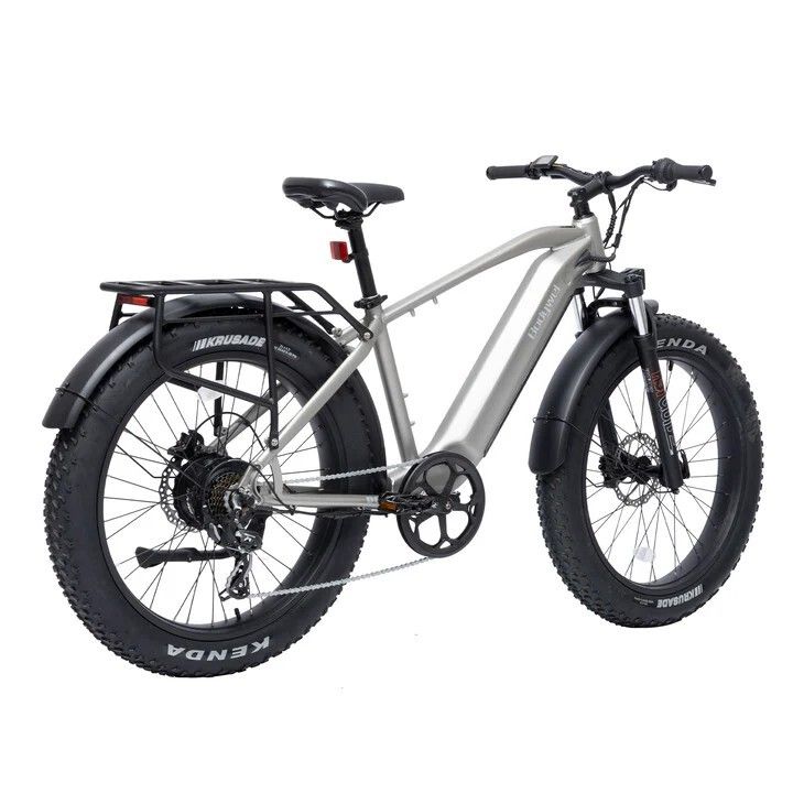 VTT électrique gris avec pneus noirs et porte-bagages. Pneus Kenda. Freins à disque. Bodywel D6.