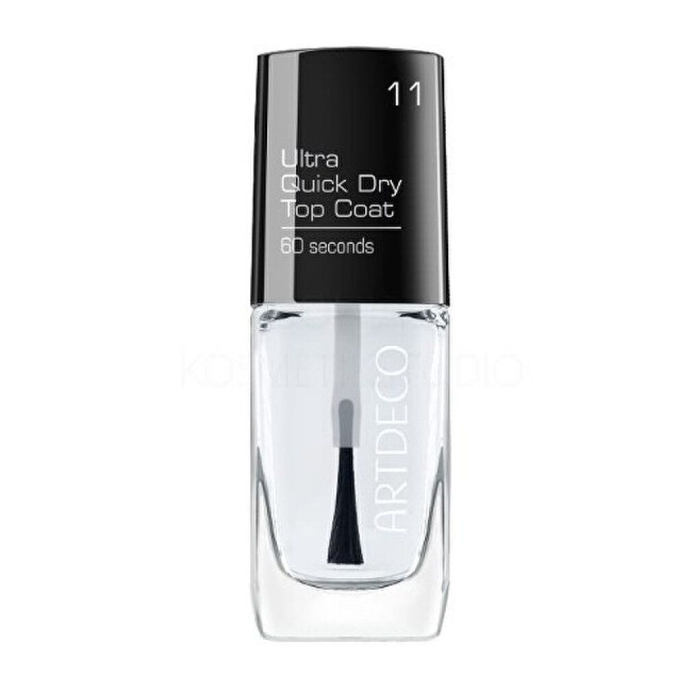 Transparante nagellakfles met zwarte dop. Opschrift: Ultra Quick Dry Top Coat, 60 seconds. Merk: ARTDECO. Nummer 11.