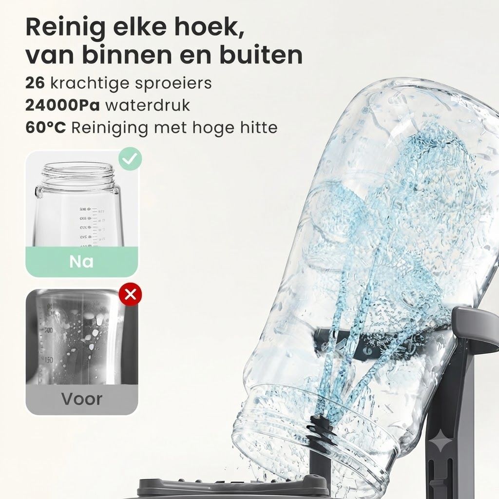 Een reinigingsapparaat met 26 sproeiers, 24000 Pa waterdruk en 60°C reiniging met hoge hitte.