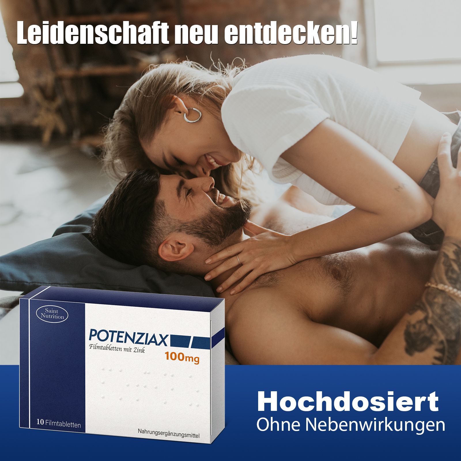 Koppel omhelst elkaar, op de voorgrond een doos Potenziax® Filmtabletten mit Zink, 100mg. Tekst: Hochdosiert, ohne Nebenwirkungen.