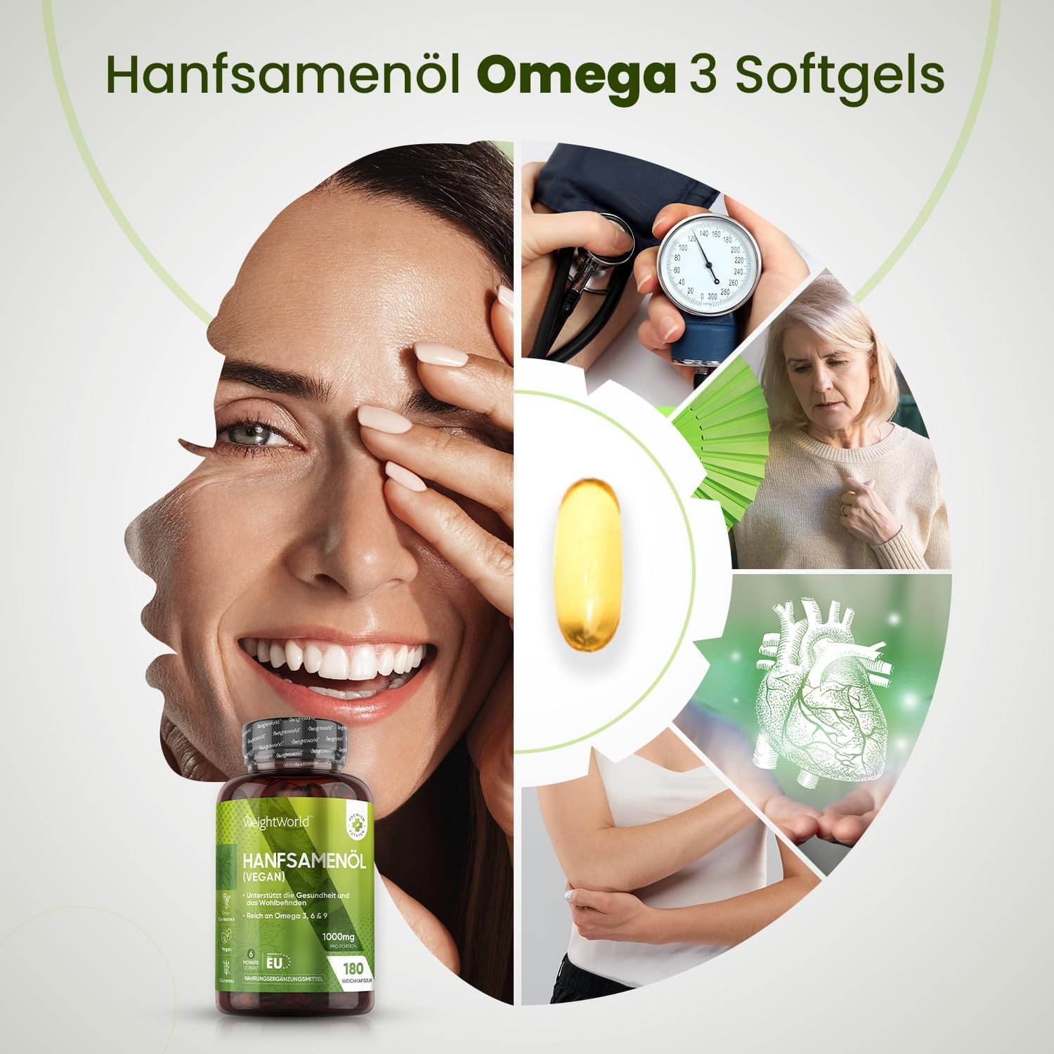 Bouteille de gélules molles de chanvre végétaliennes à côté d'un visage de femme, d'un cœur et d'un tensiomètre.