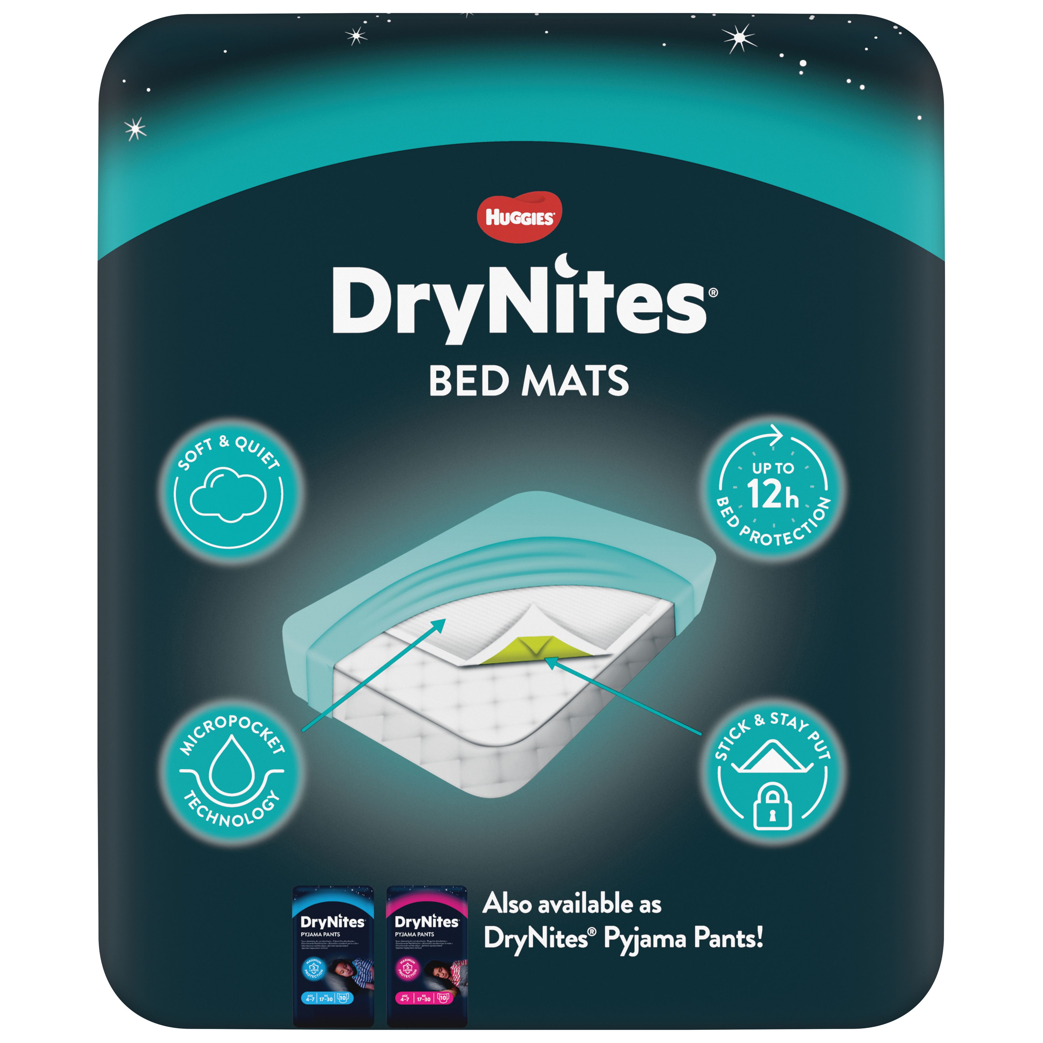 Emballage de Huggies DryNites Bed Mats. Texte : Doux & Silencieux, MicroPocket Technology, Stick & Stay Put. Également disponible en DryNites Pyjama Pants.