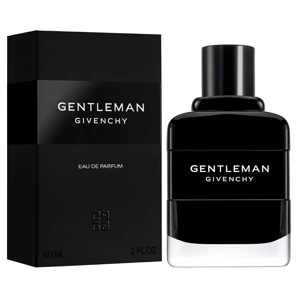 Zwarte doos en fles. Opschrift: GENTLEMAN GIVENCHY, Eau de Parfum. Fles met zwarte dop.