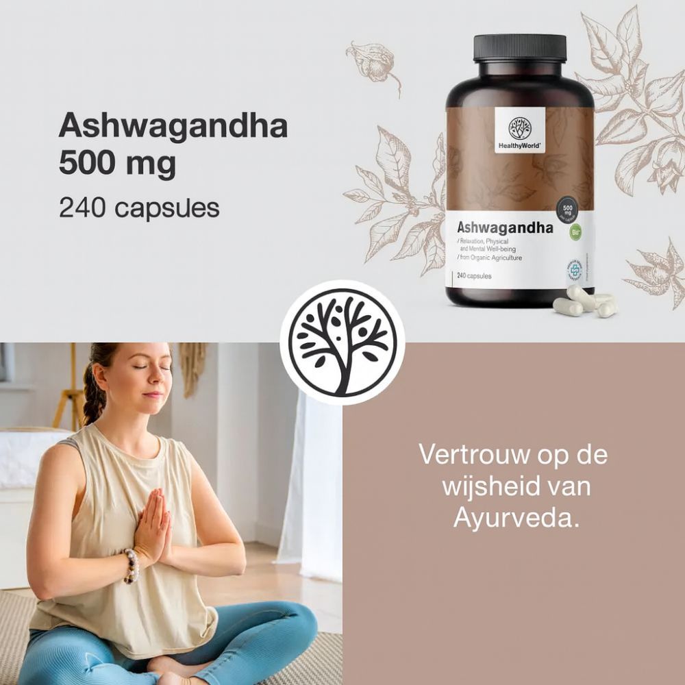 Reclame voor Ashwagandha 500 mg, 240 capsules. Adaptogene eigenschappen, veelzijdige werking. Gemaakt in de EU.