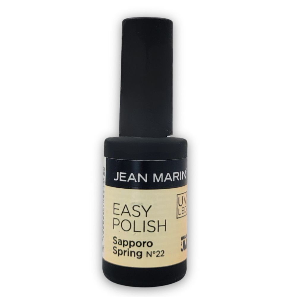Flacon de vernis à ongles Jean Marin. Bouchon noir, étiquette avec nom du produit: Easy Polish, couleur: Sapporo Spring N°22.