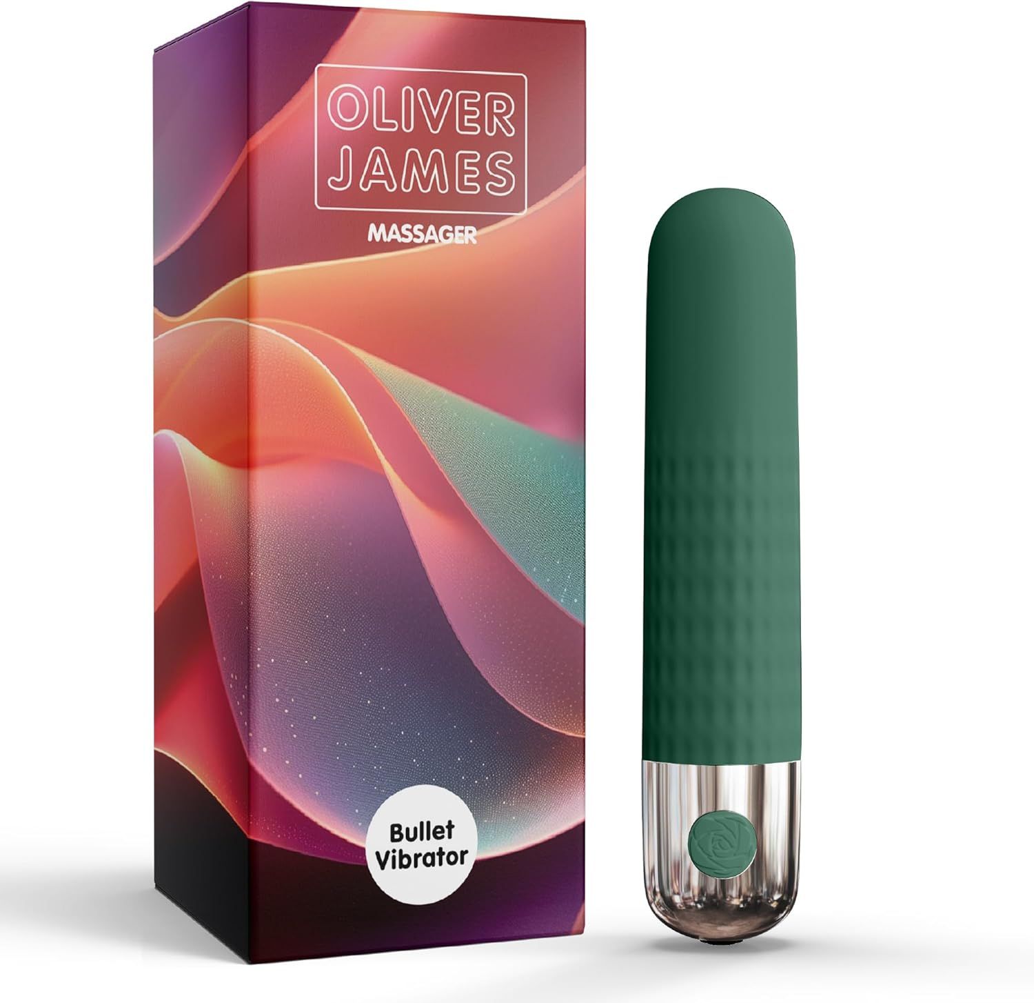 Vibrateur bullet vert avec accent argenté et motif côtelé. À côté, l'emballage coloré.