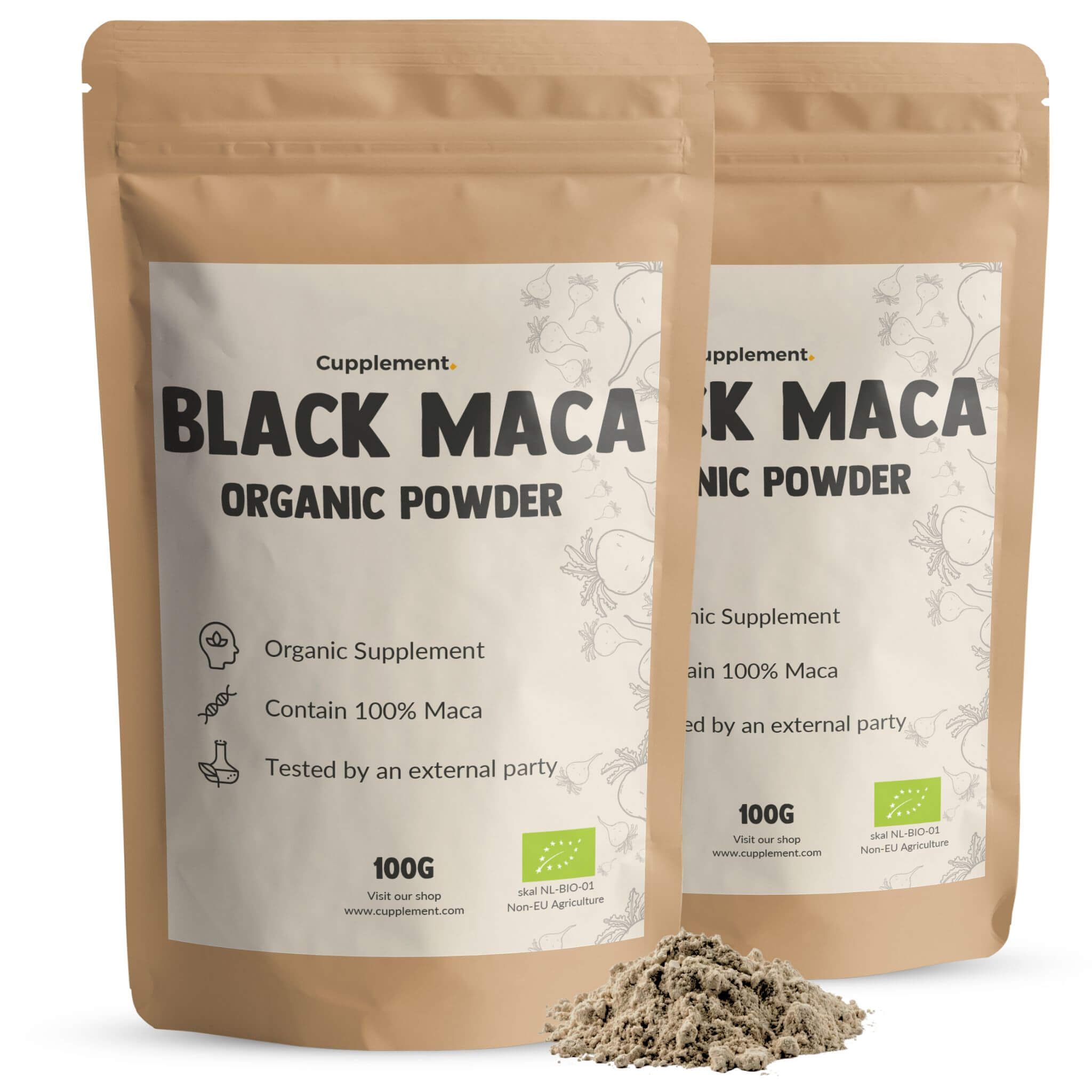 Deux sachets de poudre de Maca Noire Cupplement. Emballage marron, impression blanche. 100g, label bio.