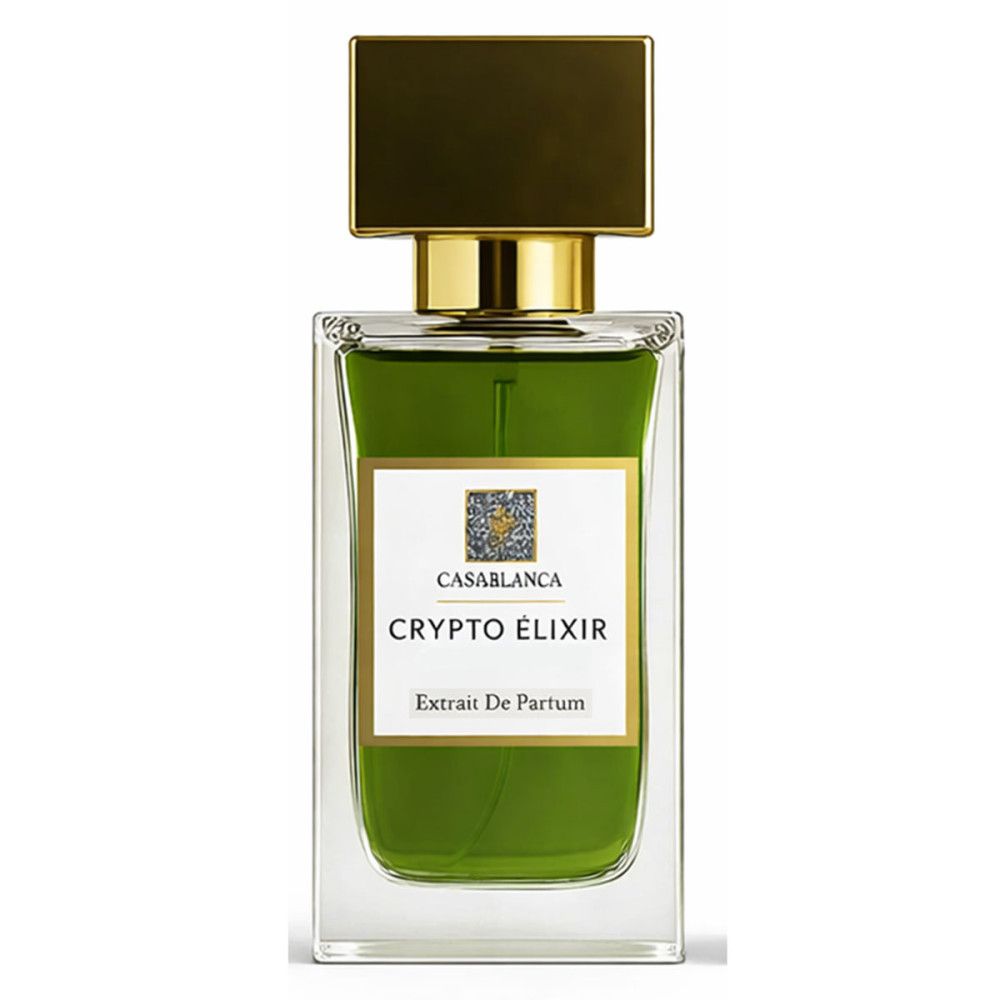 Flacon en verre avec bouchon doré. Étiquette CRYPTO ÉLIXIR. Liquide vert visible.