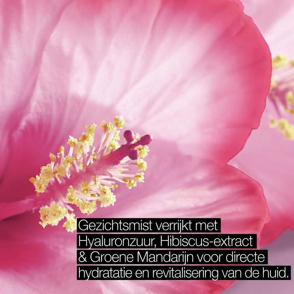 Gezichts mist verrijkt met hyaluronzuur, hibiscus-extract & groene mandarijn voor hydratatie en revitalisering.