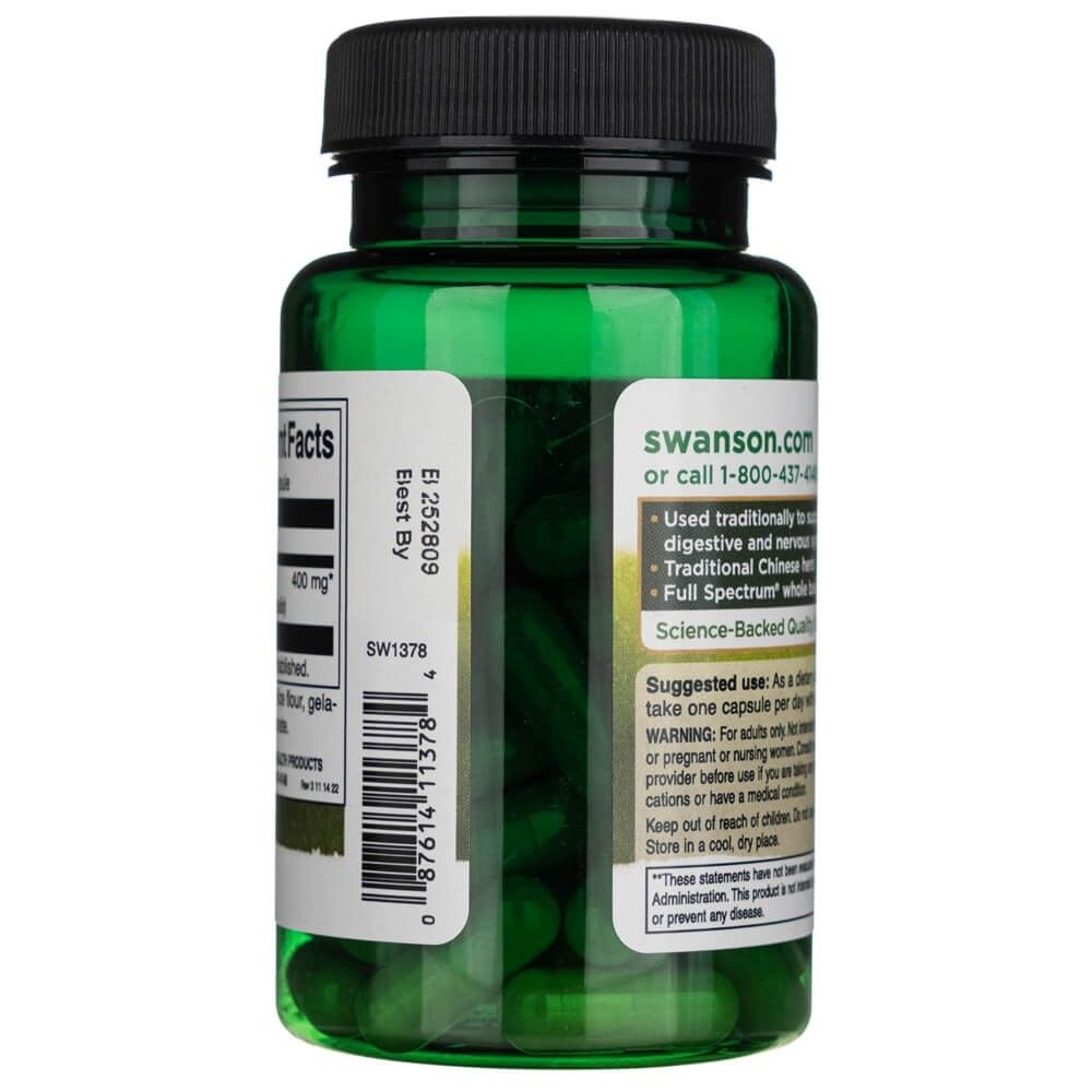 Dos d'une bouteille de Swanson Magnolienrinde, avec instructions d'utilisation et site web.