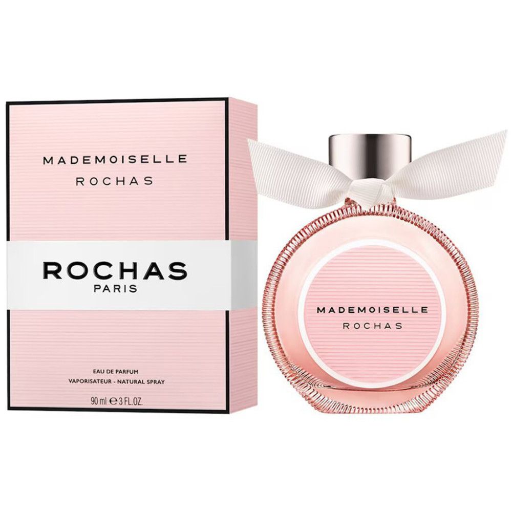 Rochas Mademoiselle Eau de Parfum met verpakking. Flesje en doos roze. Opschrift: Mademoiselle Rochas, Rochas Paris.