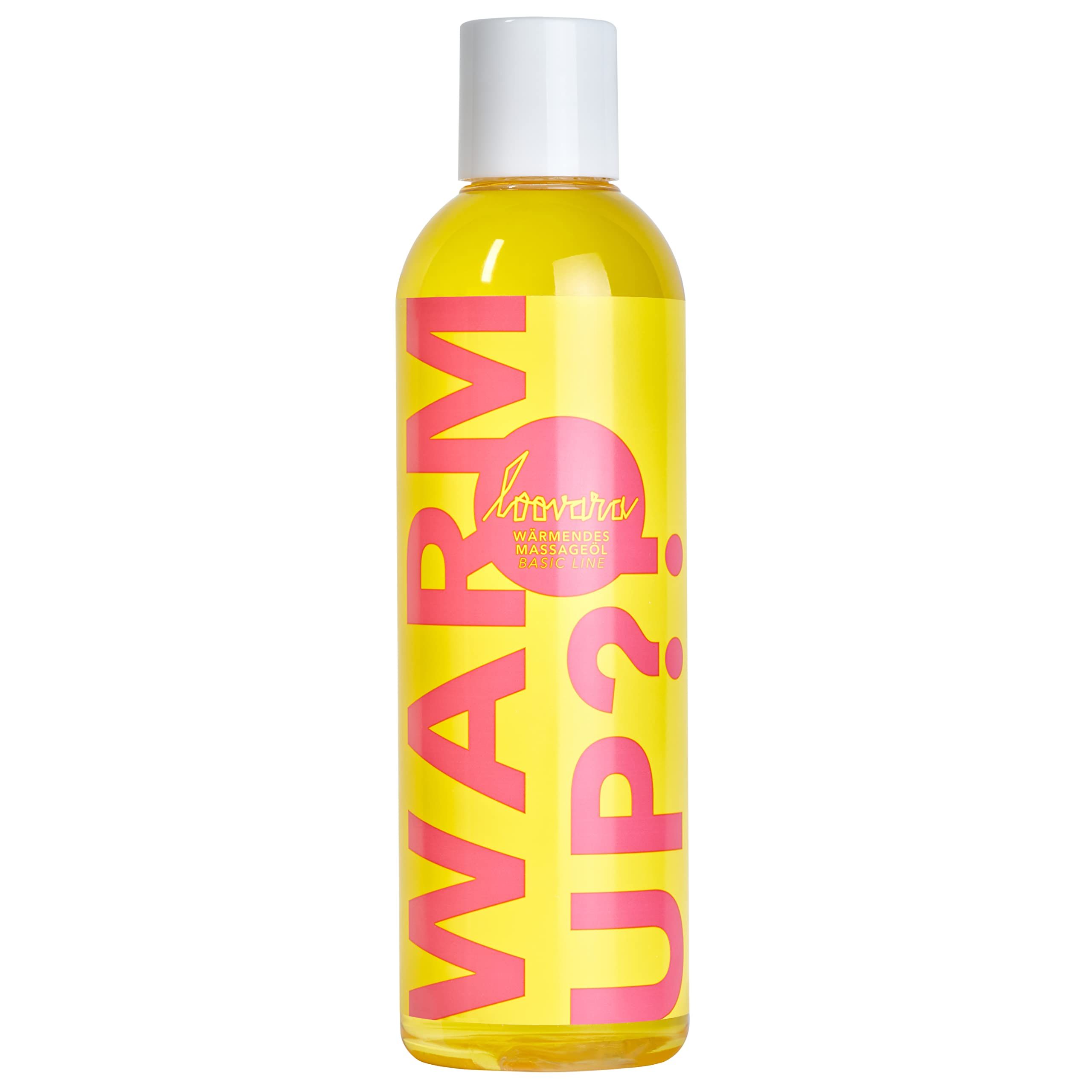 Fles Loovara Warm Up massageolie met geel etiket, omringd door oliespetters.