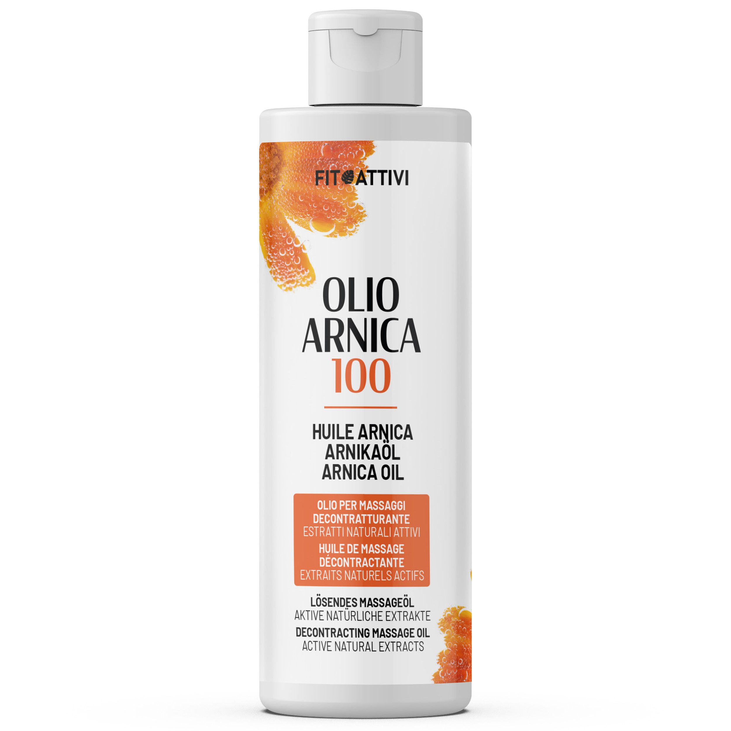Flacon Fitoattivi Arnikaöl. Texte: Oilo Arnica 100, Huile Arnica, Arnikaöl, Arnica Oil, 250ml.