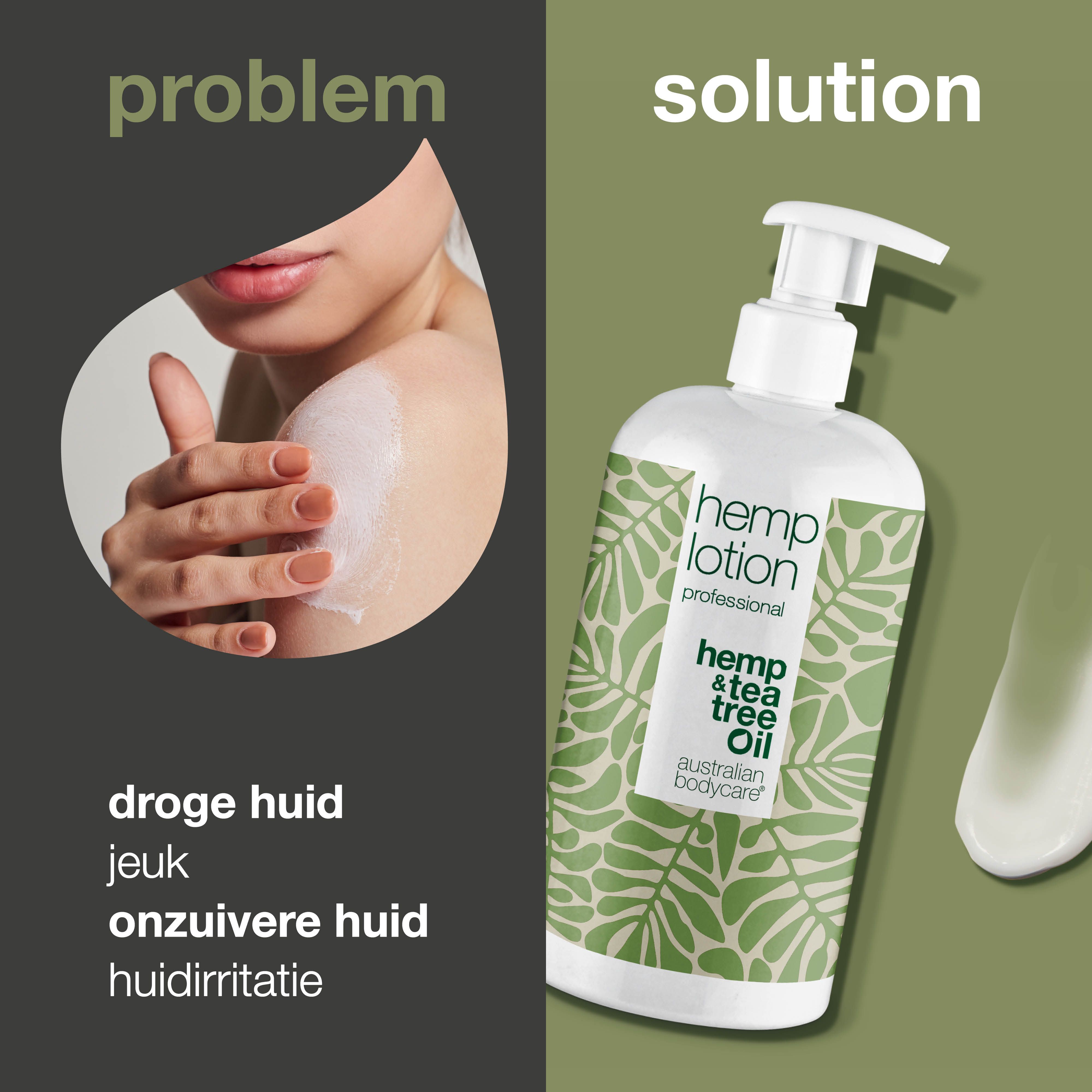 Witte fles met pomp. Opschrift: hemp lotion professional, hemp & tea tree Oil, australian bodycare.