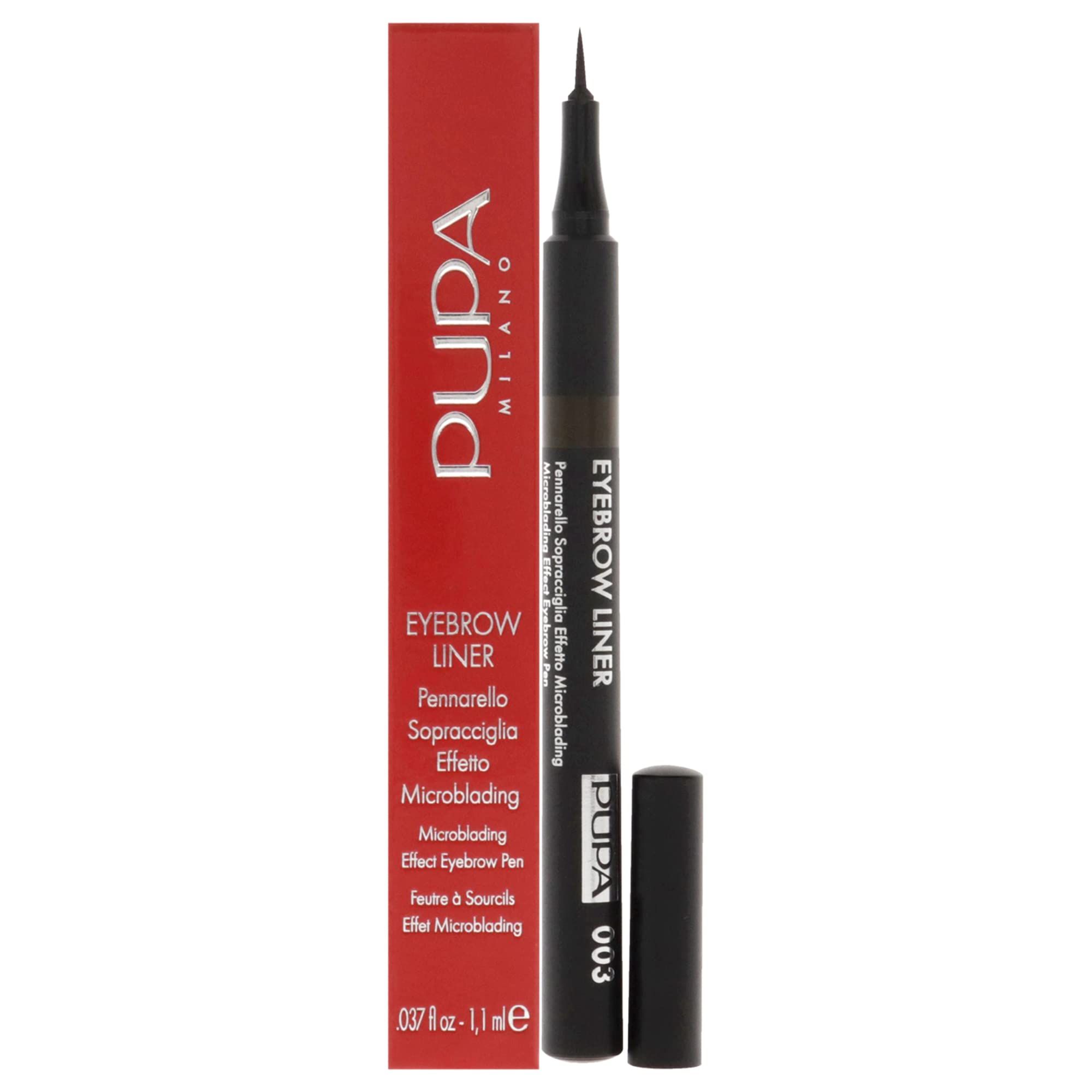 Feutre à sourcils brun avec pointe noire et emballage rouge. Inscription : Pupa Milano, Eyebrow Liner 03.