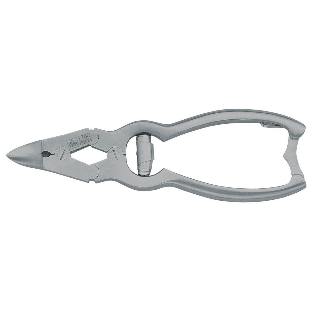 Nageltang van roestvrij staal, mat. Dubbel scharnier, ergonomische handgrepen. Logo en opschrift: ERBE 1760.