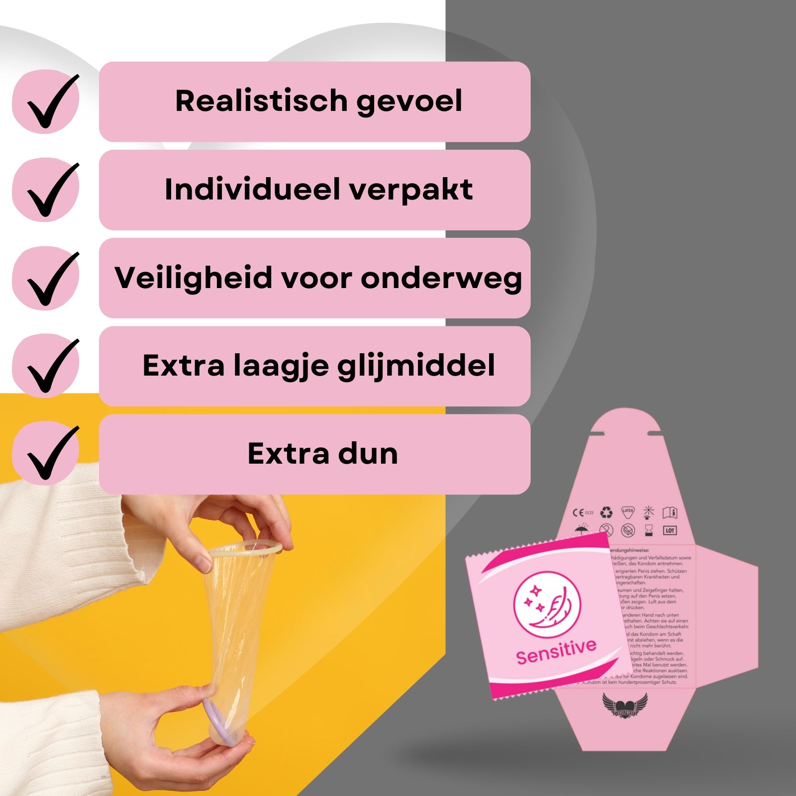 Roze verpakking met condoom. Teksten: "Gefühlsecht", "Extra dünn".