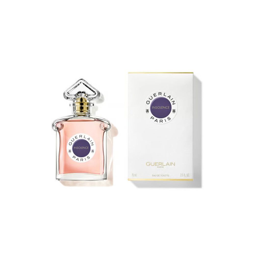 Flacon et emballage. Flacon rose, boîte blanche avec inscription « INSOLENCE PARIS ».