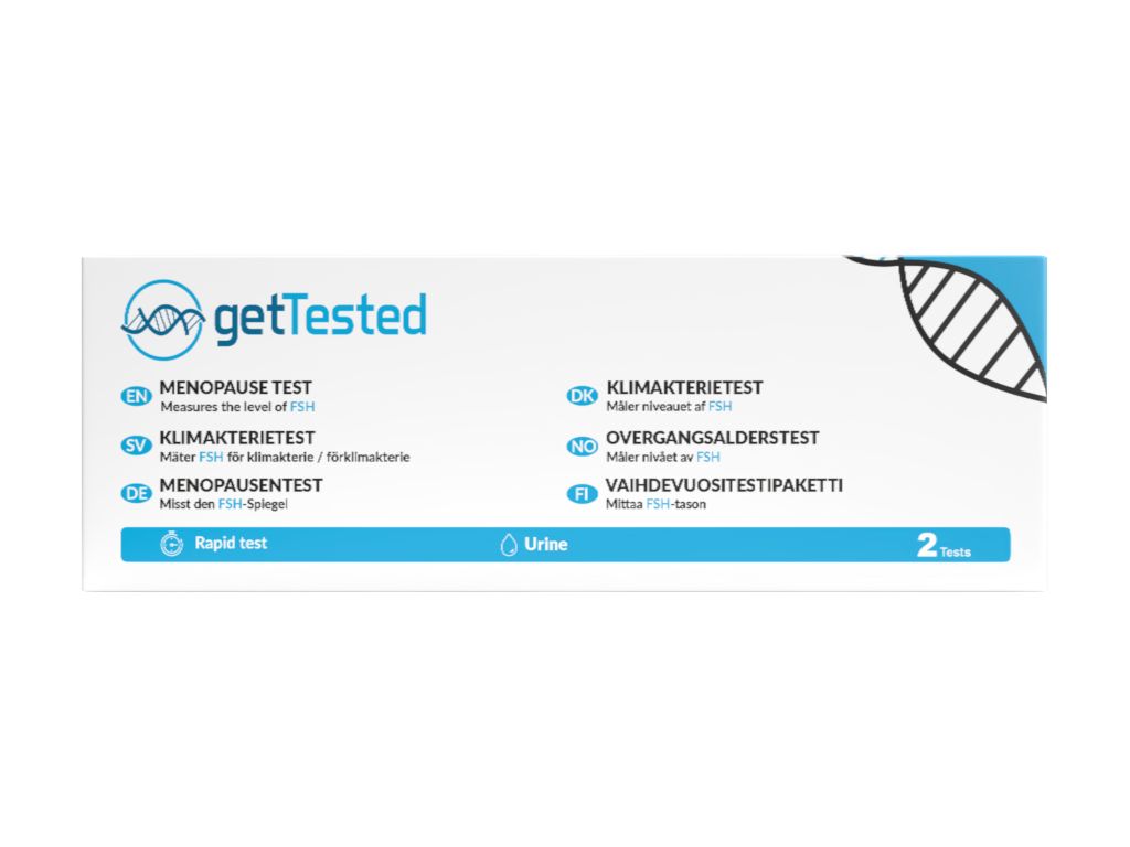 Boîte "getTested Menopause Test". Contient deux tests. Inscriptions en plusieurs langues, dont le français. Test rapide, analyse d'urine.
