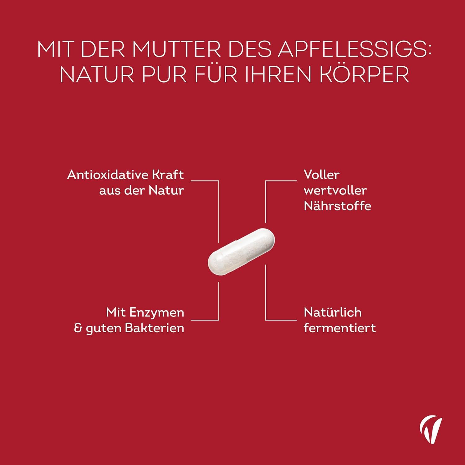 Een witte capsule met tekst die antioxiderende kracht, voedingsstoffen, enzymen en bacteriën benadrukt.