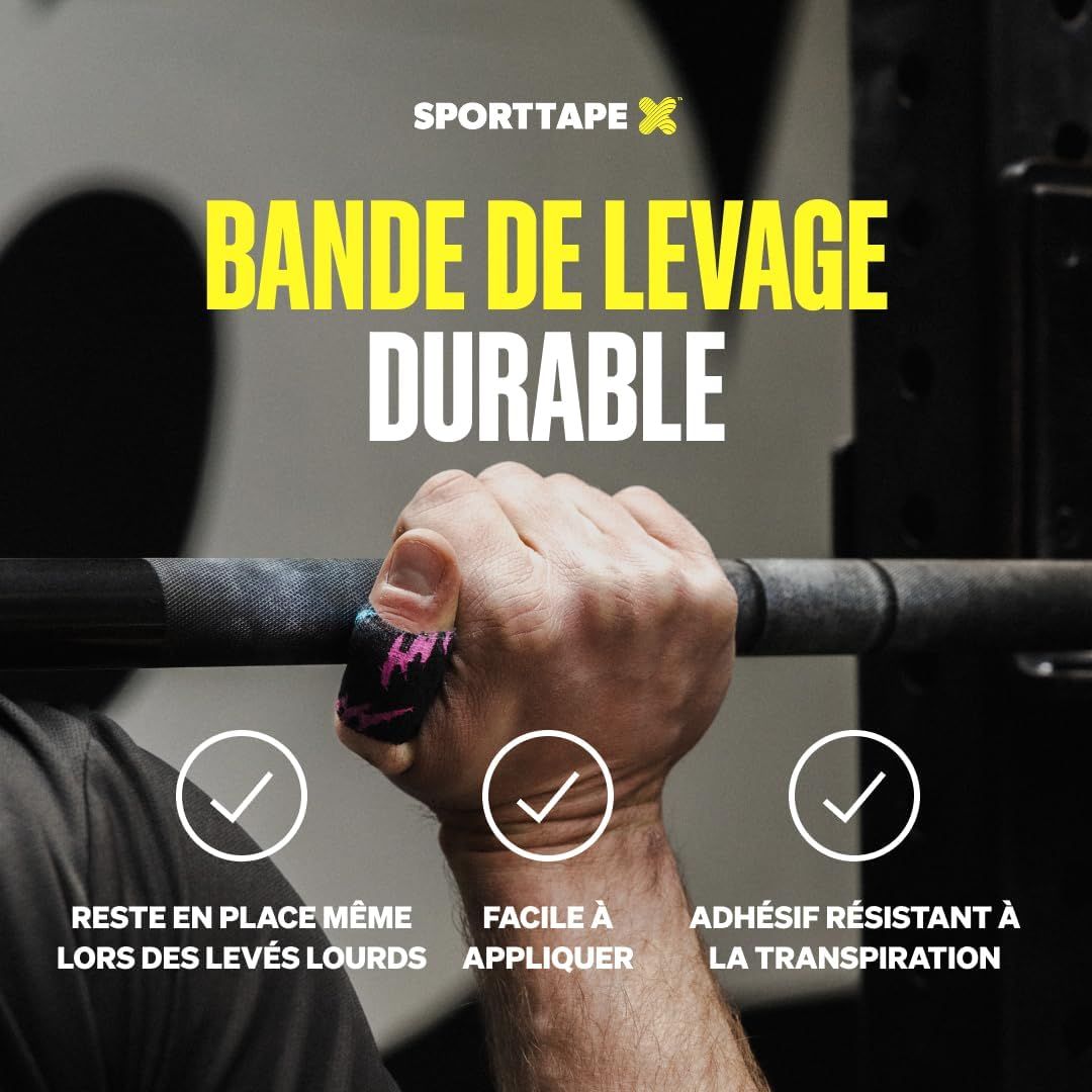 Main tenant une barre avec un bandeau de levage Sporttape, texte sur la durabilité et l'application.