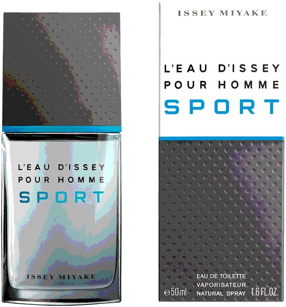 Fles en verpakking van L'Eau d'Issey Pour Homme Sport. Fles met blauwe streep en grijze dop. Verpakking met logo en productnaam.