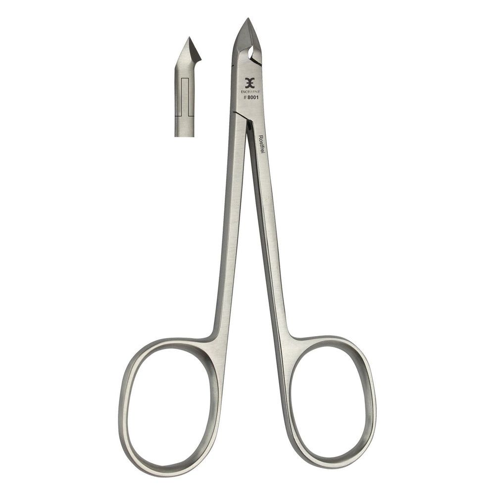 Pince à cuticules en métal avec manche en ciseaux et lame pointue.