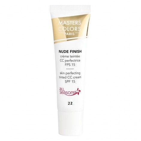 Tube blanche avec bouchon doré. Inscription: NUDE FINISH, CC perfectrice, FPS 15, skin perfecting tinted CC cream SPF 15. Numéro 22.