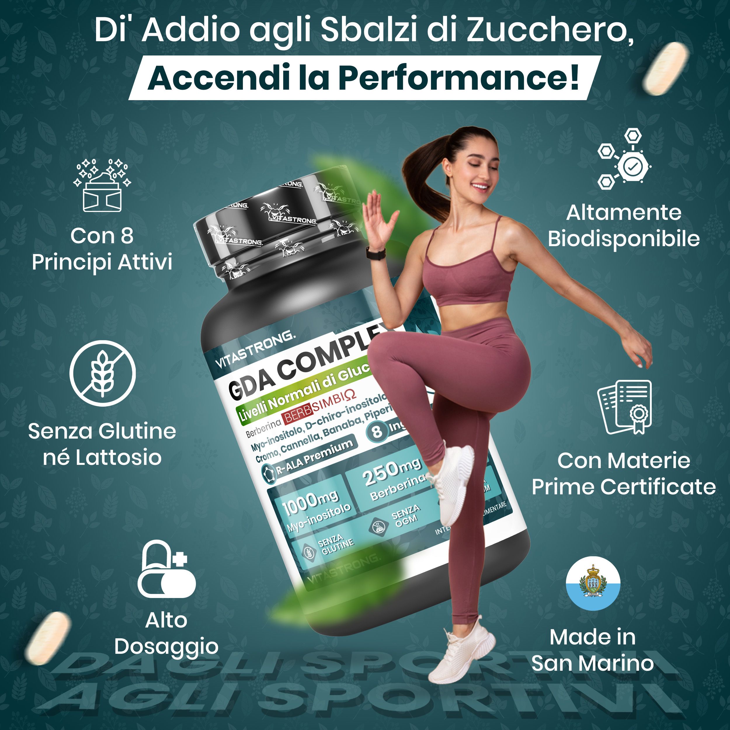 Vitastrong GDA Complex, 60 comprimés. Femme en tenue de sport. Emballage avec texte: Sans gluten, sans lactose, 8 ingrédients actifs.