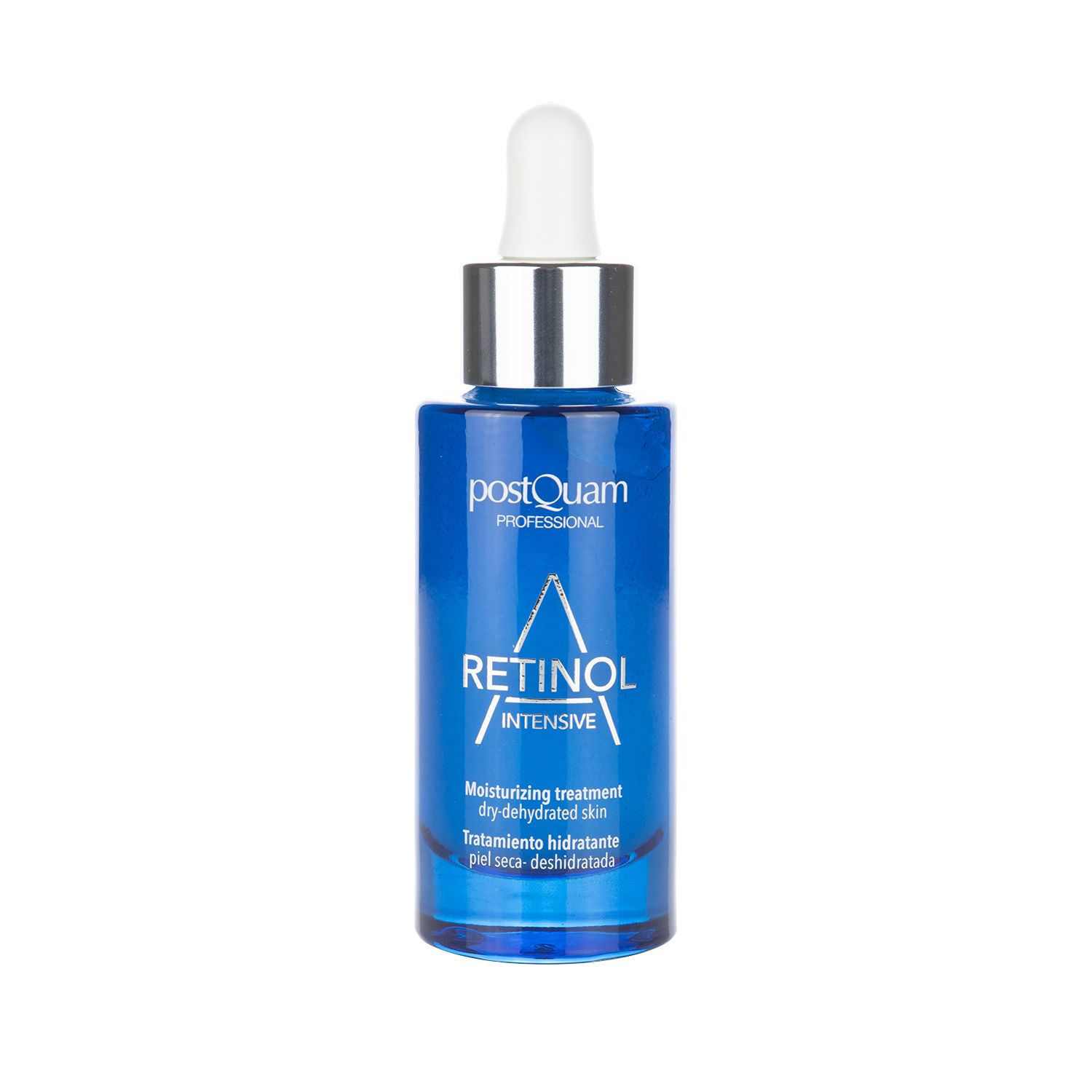 Blauwe fles met pipet. Opschrift: Retinol Intensive, Postquam Professional. Hydraterende behandeling voor droge huid.