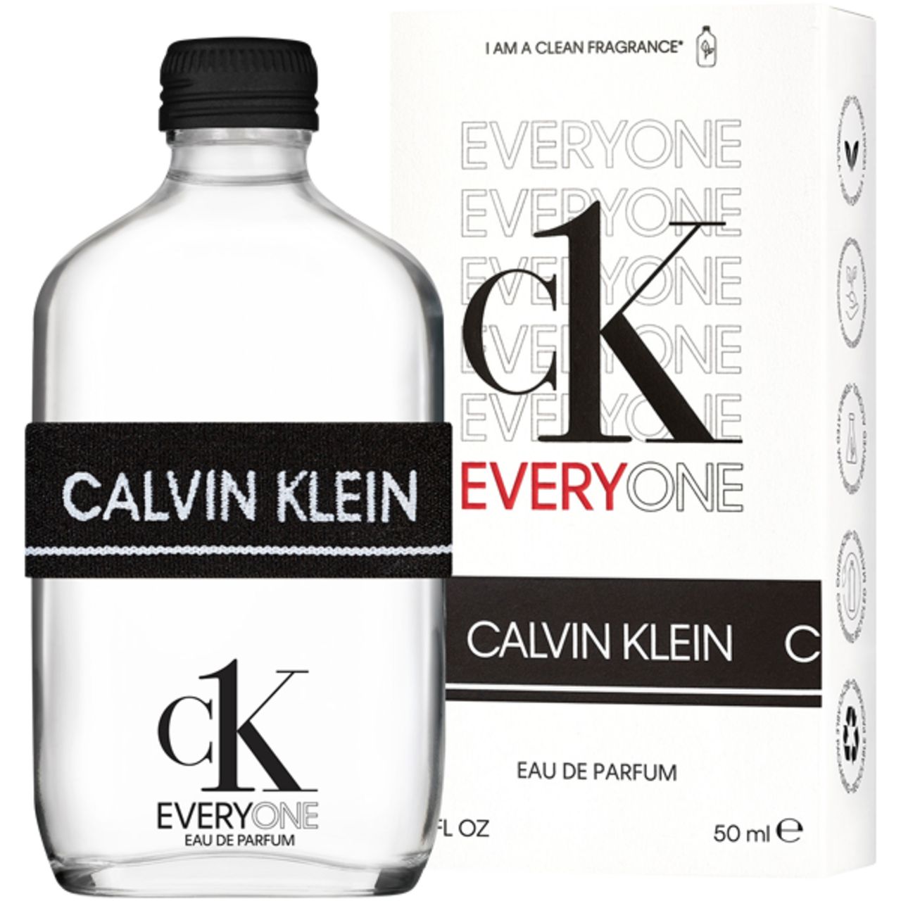 Glazen fles met zwarte dop en zwarte band met Calvin Klein-opschrift. Verpakking ernaast met logo en tekst.
