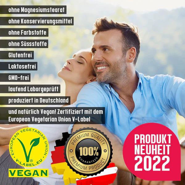 Couple s'embrassant. Texte : Sans stéarate de magnésium, sans conservateur, sans colorant, sans édulcorant. Label Vegan.